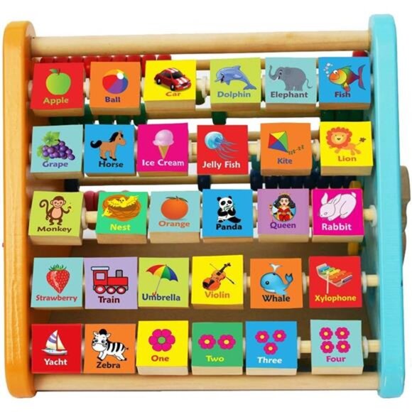Wooden Activity Centre Triangle Toys - flip flop Alphabet Blocks Abacus Clock - Picture 3 of 7